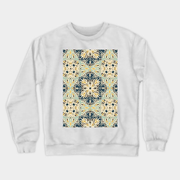 Protea Pattern in Deep Teal, Cream, Sage Green & Yellow Ochre Crewneck Sweatshirt by micklyn